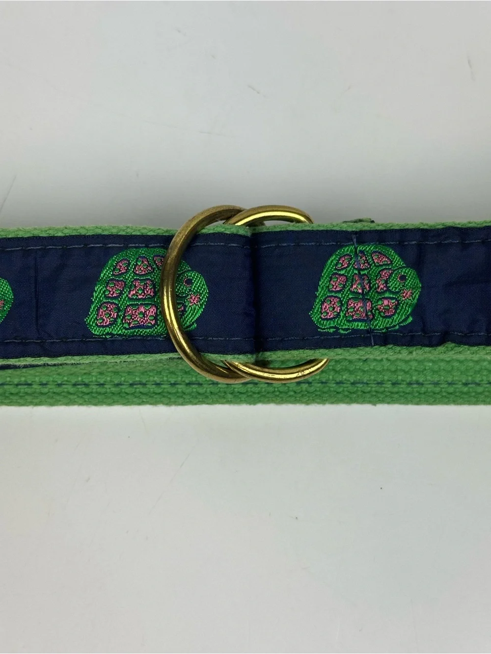 Turtle Pattern Ribbon Belt Brass D-Ring Navy Blue Green